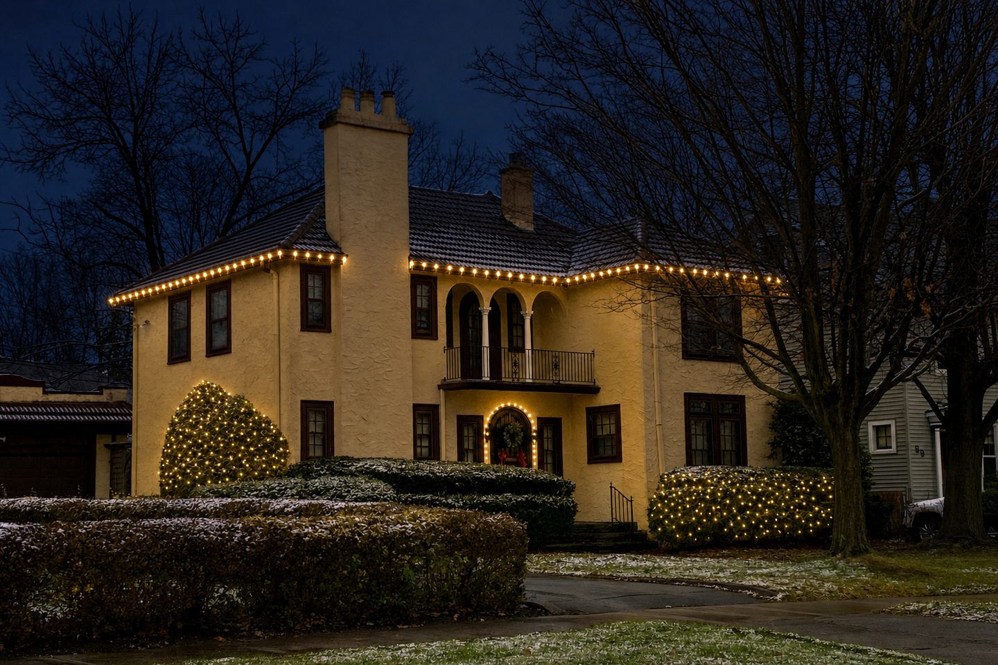 The same stucco home rendered with warm roofline lighting and wrapped shrubs at dusk